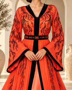Caftan marocain Mishkat Couture corail orange avec broderie de perles noires et dorées, manches cloche, ceinture en velours, MAXI, élégant pour les fêtes d'hiver - Product Image 1