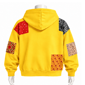 เสื้อฮู้ดซิปยาวสีเหลืองลายปะติดปะต่อแบบโอเวอร์ไซส์ พิมพ์ลายปะติด สไตล์ลำลอง สตรีทแวร์ - Product Image 2