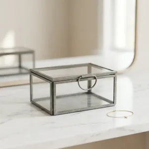 Boîte à bijoux en fer et verre au design artisanal, finition grise, boîte à bijoux décorative, organisateur, rangement pour table de toilette - Product Image 3