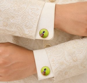 Handmade Enamel Brass <b>Cufflinks</b> – Pheasant Portrait Design, Lime Green Base Gold Tone Finish - Product Image 3