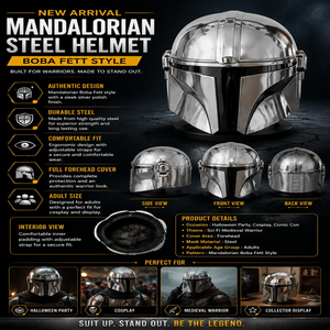 Casque en acier Mandalorian, finition argentée |   Casque d'armure de cosplay style Boba Fett pour collectionneurs, présentation de costumes, article cadeau haut de gamme - Product Image 5