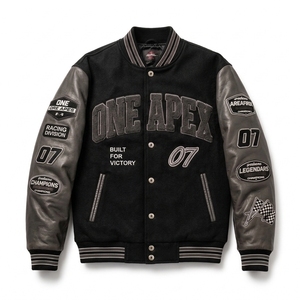 Black Grey <b>Racing</b> letterman <b>Jacket</b> Custom Leather Sleeve Embroidered Bomber Streetwear Motorsport <b>Jacket</b> - Product Image 1