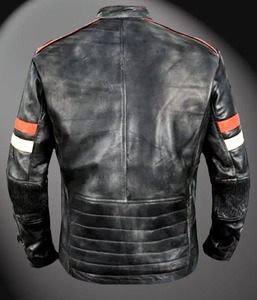Vintage Black <b>Leather</b> Cafe Racer <b>Jacket</b> with <b>Retro</b> Red & White Stripes Classic Biker Style with Zippered Pockets and Cuffs - Product Image 3