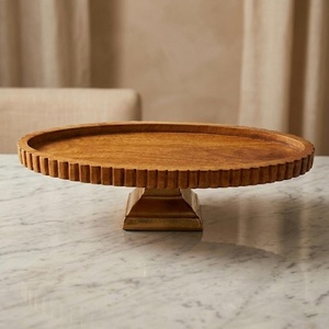 Luxury Wood & Metal <b>Serving</b> Tray <b>Set</b> Round And Square Shape Wooden Platter On A Gold Pedestal Perfect For <b>Serving</b> Events - Product Image 3