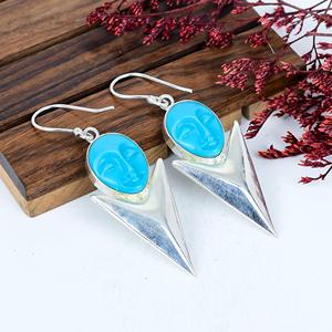 Boucles d'oreilles pendantes en pierre sculptée bleue, argent sterling 925, bijoux artisanaux bohèmes faits à la main, cadeau pour elle - Product Image 1