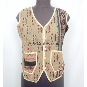 Vintage <b>Kantha</b> Quilted Printed Waistcoat Logo 100% Pure Cotton Breathable Autumn Vest Women Boho Style Regular - Product Image 5