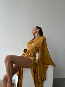 Mustard Gold Satin Kimono Maxi Robe Dress Wide Sleeves Deep V-Neck Adjustable Tie Natural Waist Washable Luxury Resort <b>Beach</b> - Product Image 5