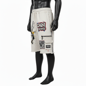 Pantalones cortos de baloncesto para hombre, de algodón suave, color beige, con parche gráfico, estampado, logotipo personalizado, bordado, con bolsillo. - Product Image 2