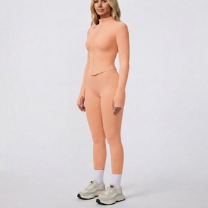 Ensemble athlétique 2 pièces pour femmes, haut à manches longues avec fermeture éclair sur le devant, leggings taille haute, vêtements de sport pour la gym, le fitness et l'entraînement - Product Image 4