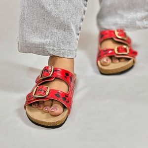 Red Leather <b>Sandals</b> With Buckle Closure Embossed <b>Diamond</b> Pattern Fashion Slides Unisex Style - Product Image 3