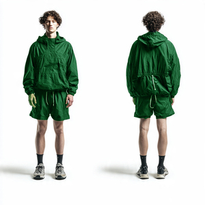 Ensemble veste coupe-vent à capuche et short pour homme, léger, sportif, coupe ample, couleur unie, fermeture à cordon, tenue de pluie d'été pour homme - Product Image 3