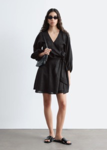 Robe courte en lin noir pour femme, col mandarin, manches longues, nouée sur le côté, décontractée, toutes saisons, éco-responsable, silhouette évasée - Product Image 2