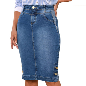 Straight Knee Length Stretch Denim Jean Skirt for Women Plus Size Side Button Details - Product Image 6