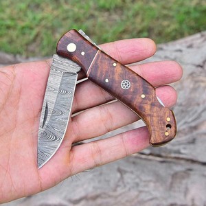 Hand Forged Damascus Steel <b>Folding</b> Blade <b>Knife</b> Rosewood Handle Leather Sheath Pocket EDC Hunting Camping <b>Knife</b> - Product Image 4
