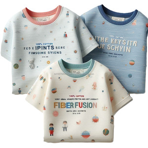 เสื้อยืดแขนสั้นคอกลมสำหรับเด็กผู้ชายเสื้อยืดสไตล์ลำลองสำหรับเด็กผ้าคอตตอนถักสำหรับ100% - Product Image 2