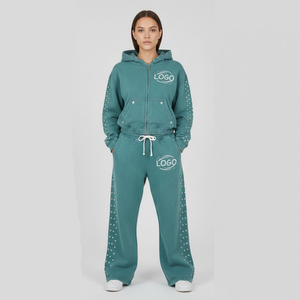 Conjunto de Sudadera con Capucha y Pantalones Anchos Acampanados de Estilo Urbano Casual para Hombre, Personalizado, de Poliéster/Algodón, con Cordón Ajustable, Lavado Ácido y Pedrería - Product Image 2