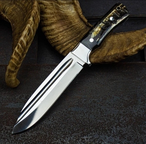 Couteau de chasse LEGACY BLADES de qualité supérieure en acier à haute teneur en carbone, lame fixe à pointe tombante, avec manche en corne et étui en cuir - Product Image 2