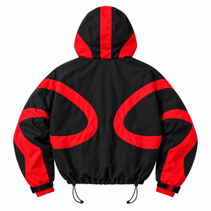 Veste coupe-vent noire et rouge personnalisée, à capuche, légère, pour le sport et la ville, avec fermeture éclair, empiècements contrastés et design personnalisé - Product Image 2