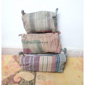 Indian kantha hand block print cotton cosmetic bag <b>Makeup</b> pouch set of three Accessory <b>case</b> Women's travel bag Handmade Kantha - Product Image 1