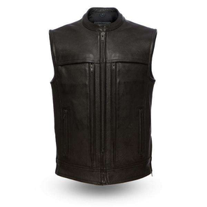 Gilet de motard en cuir véritable pour homme avec fermeture éclair, col rabattable, ceinture, couleur unie, coupe classique - Product Image 3