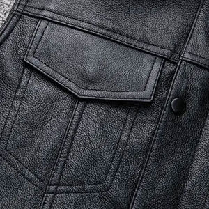 Gilet en cuir original pour homme, style motard, col montant, fermeture boutonnée, couleur unie, longueur standard, vêtement d'extérieur - Product Image 4