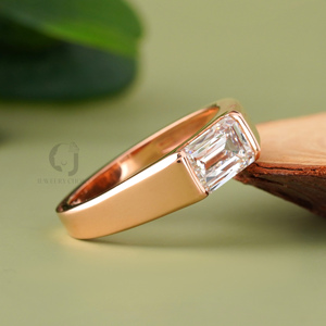 2.11 Carat Emerald Cut Lab Grown Diamond <b>Ring</b> 14K 18K Yellow <b>Gold</b> Bezel <b>Set</b> Minimalist Unisex Wedding Engagement Band Jewelry - Product Image 4