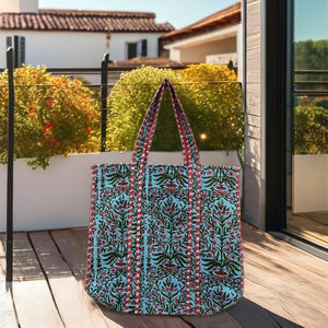 Sacs à main traditionnels indiens en coton Kantha, imprimés à la main, à motifs floraux, personnalisables, avec fermeture éclair, grand sac fourre-tout décontracté pour femmes - Product Image 3