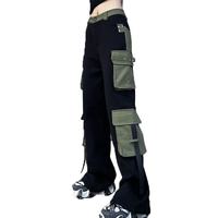 Pantalon cargo en toile taille haute pour femme, grande taille, coupe ample, longueur intégrale, style utilitaire, noir et vert, avec poches, taille élastique, pour l'automne