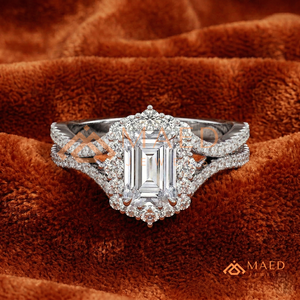 <b>Emerald</b> Cut Halo Diamond <b>Ring</b> in Sterling <b>Silver</b> Premium Split Shank Halo <b>Ring</b> in <b>Silver</b> with Diamond - Product Image 1