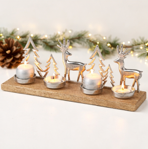 Portavelas Navideño de Aluminio Plateado con Base Rústica de Madera de Mango, para 4 Velas de Té, en Oferta - Product Image 6