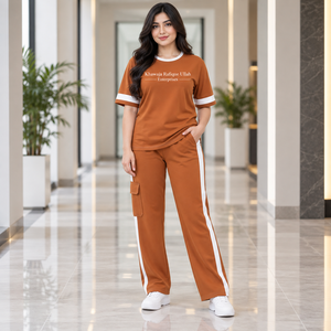 Khawaja Rafique Ullah Enterprises Women's 2 Piece Casual Set Short Sleeve O-Neck Knitted Cotton Loose Fit Solid Color Full - Product Image 1