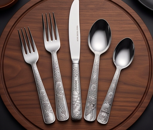 Ensemble de couverts vintage en acier inoxydable avec miroir gravé et motifs floraux en relief, idéal pour une cuisine élégante et un café. - Product Image 1