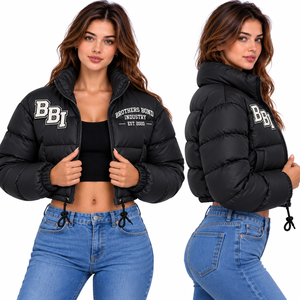 Blouson court matelassé rouge bordeaux pour femme, col montant, manteau bouffant personnalisé, doudoune courte matelassée, veste streetwear chaude, OEM - Product Image 2