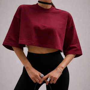 รับผลิตเสื้อยืดโอเวอร์ไซส์แบบครอป คอตตอน 100% สำหรับทุกเพศ สวมใส่สบาย เหมาะสำหรับออกกำลังกาย น้ำหนัก 160 กรัม คอกลม แขนครึ่งตัว แห้งเร็ว ตกแต่งด้วยลายฉลุ - Product Image 2