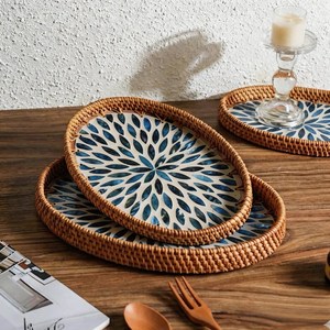 Latest Rattan Wicker Tray with Mother of Pearl Inlay Wooden Base and Insert Handle for Fruit Serving, Coffee Table Trays - Product Image 2