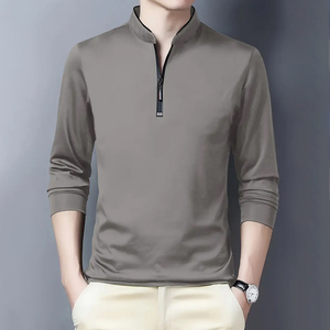 Men's Stand Collar <b>Zip</b> T-<b>Shirt</b> Long Sleeve Solid Color Casual Knitted Top 100% Cotton 120g Anti-Wrinkle Front Logo for Commuting - Product Image 1
