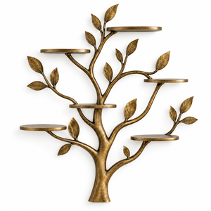 Étagère murale antique en forme de branche d'arbre dorée, support de présentation de feuilles botaniques, décoration d'intérieur sculpturale inspirée de la nature, étagère décorative |   Metalmark - Product Image 1