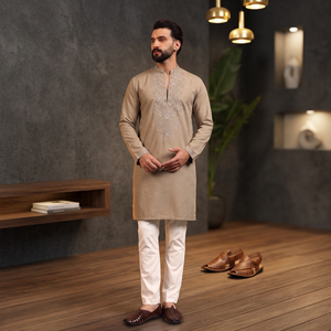 Ensemble Kurta Pajama pour homme, beige, brodé, coupe classique, vêtements traditionnels indiens et pakistanais, décontracté, toutes saisons - Product Image 2