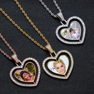 Colgante Giratorio con Foto de Corazón, Diamante Cultivado en Laboratorio, Collar Personalizado con Doble Halo, Amuleto Giratorio con Imagen, Regalo - Product Image 3