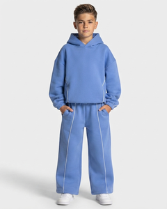 Conjunto Deportivo Personalizado para Niños en Azul Azure con Contraste, Sudadera con Capucha de Felpa de Algodón y Pantalones Deportivos Anchos, Fabricación OEM y ODM - Product Image 1