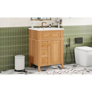 Mobile Bagno in Legno Massello da 24 Pollici con Lavabo, Cassetto Ribaltabile e 2 Cassetti con Chiusura Ammortizzata, 1 Anta con Chiusura Ammortizzata - Eleganti Mobili Bagno - Product Image 6