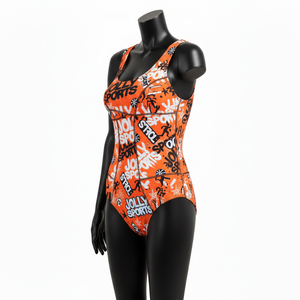 Tissu extensible en polyester et élasthanne de qualité supérieure, imprimé intégral orange vif, avec logo personnalisé par sublimation, pour maillot de bain femme. - Product Image 4