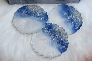 Handmade Blue, White & <b>Silver</b> Resin <b>Coaster</b> Set - Product Image 3