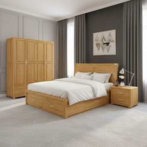 Ensemble de chambre à coucher moderne en bois durable 3 pièces avec lit, tiroirs, armoire et table de chevet (plusieurs tailles) - Product Image 2