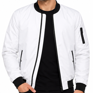Blouson Bomber Homme Blanc et Noir Contrastant avec Manches Contrastantes, Poches Zippées, Col et Poignets Côtelés Noirs, Veste Extérieure Entièrement Zippée – Vente en Gros - Product Image 2