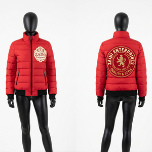 Women Puffer <b>Jacket</b> 320 GSM Premium Polyester Pongee Quilted Red Panel Design Custom Embroidery Print Patch Logo OEM ODM - Product Image 1