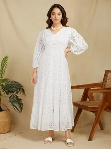 White V-Neck Eyelet Embroidery Midi <b>Dress</b> With Puff Sleeves A-Line Loose Fit Cotton <b>Vintage</b> Style Summer Casual <b>Dress</b> <b>For</b> <b>Women</b> - Product Image 2