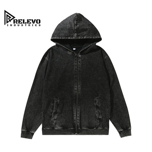 Wholesale Acid Wash Hoodie Men & Women, Custom Logo Vintage Mineral Wash Fleece Drop Shoulder <b>Zip</b> Up, Oversized Black Hoodie - Product Image 1