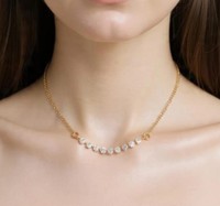 Kalung Emas Padat 10K 14K 18K Model Batang Melengkung Berlian, Kalung Minimalis Modern, Liontin Cluster, Perhiasan Pernikahan