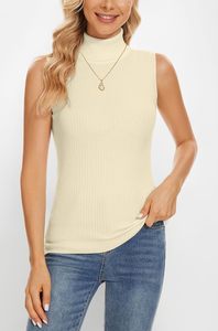Hauts à col roulé sans manches respirants en tissu peigné uni pour femme, coupe ajustée, pour le printemps et l'automne, T-shirts décontractés en coton - Product Image 2